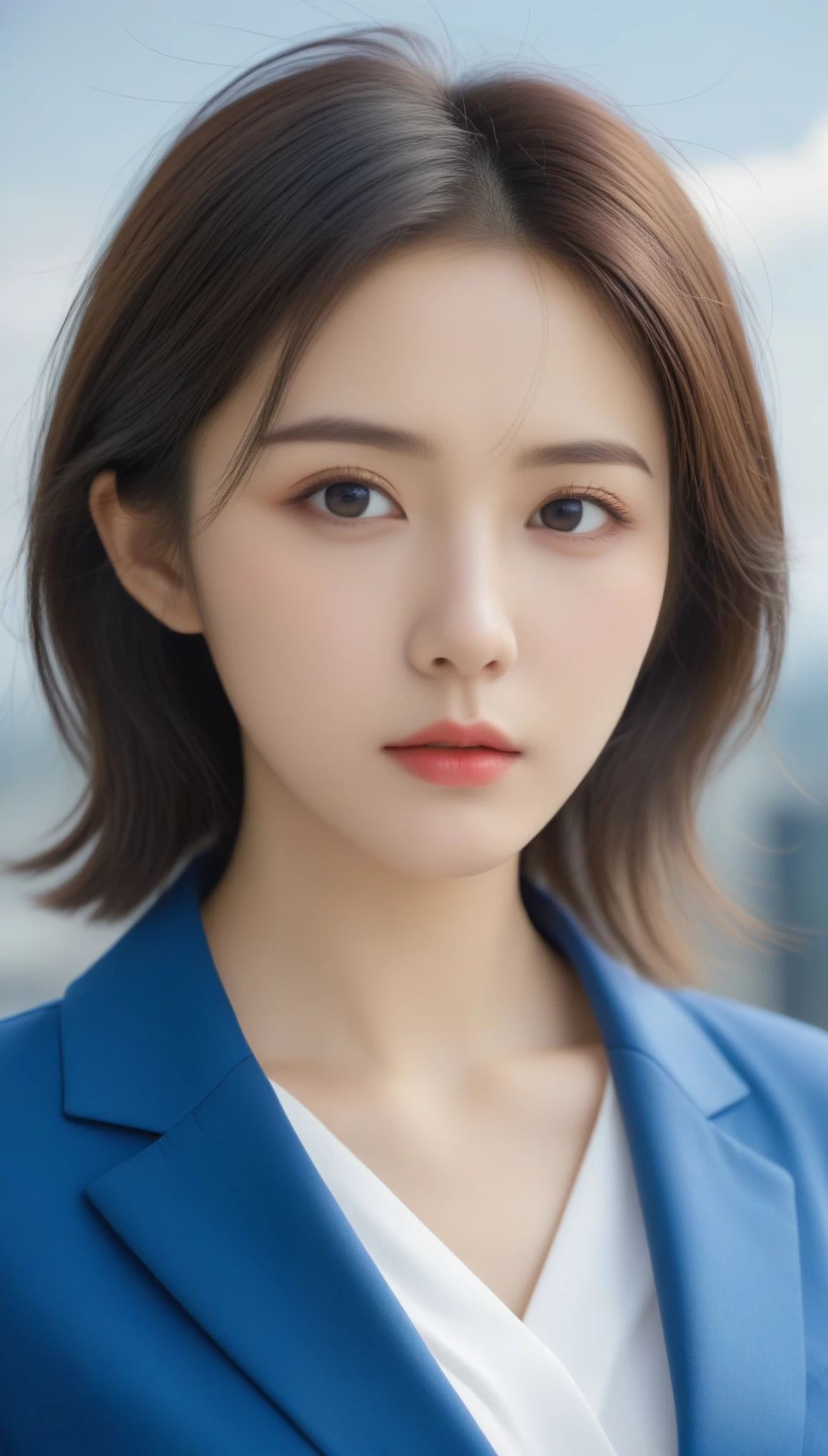 8k, Ultra-high resolution, Highest quality, masterpiece, 三分割法によるphotograph,Surreal, photograph, 1 , (:1.3), cute, cute顔, 細部までBeautiful Eyes, 細かくdetailedに,masterpiece,One Girl:1.2,Japanese women,Female announcer,upper body,glaring,Black short hair,messy hair,from below,(White shirt:1.3),Dark blue blazer,Rooftop,white collar,blue sky,Background of skyscrapers,(Beautiful attention to detail),Subtle details, detailedな顔,anger,Attractive eyes,(ポートレートphotograph:1.4),(Photorealistic images:1.4),Fantasy art,(Beautiful Face:1.4),美しくAttractive eyes、Beautiful Eyes,Silver residue,(Tight waist:1.4)、(Beautiful with perfect body proportions:1.4),Pink Lips,profile,(((Ideal body type))),A-cup small breasts :2,、Portraiture:2、Perfect Anatomy、鮮明なdetailed、detailed,Fashion magazine cover,Thin lips,完璧でBeautiful Face ,完璧でcute顔, Skin with attention to detail, Perfect limbs、Narrow waist,Surreal,Light and shadow,sunlight