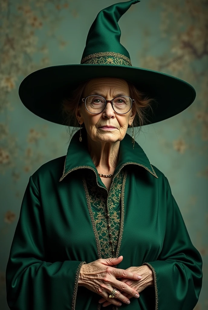 aged woman, with brown hair tied in a tight bun, wearing square gold glasses, wearing elegant emerald witch outfit, with witch hat, with a stern face.