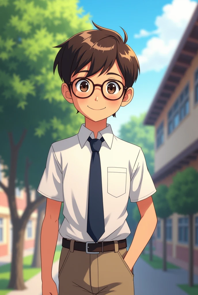 A r old  named Jp sanchez with glasses and polite and good looking
 Normal anime
Student white uniform
