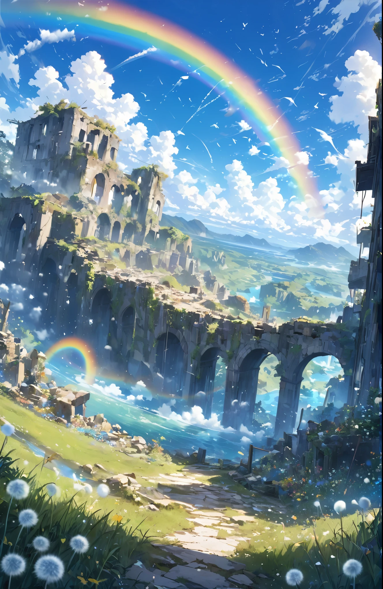 ((Amazingly absurd)),(masterpiece:1.2),超High resolution, Attention to detail, high quality, High resolution, 最high quality, 4K, 8k、very beautiful、landscape、landscape画、Endless blue sky、A rainbow appears、There is a group of ruins、Dandelion fluff flies up,rainbow