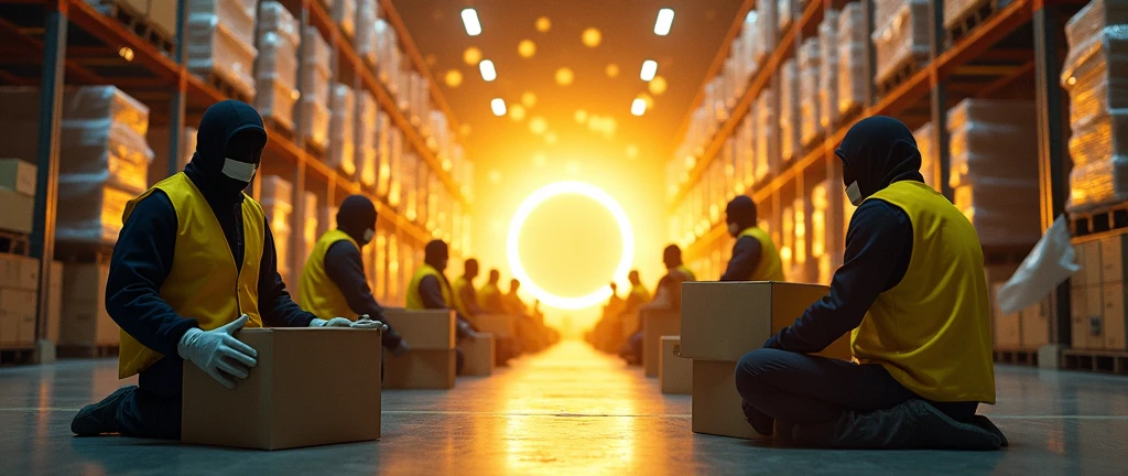 a material warehouse with lots of boxes and employees wearing yellow vests, the employees are sitting on the floor like hostages with tape over their mouths, there are masked bandits carrying the boxes, they are entering an interdimensional portal, the energy portal has yellow edges, Spark, lensflare, motion-blur, sparks,