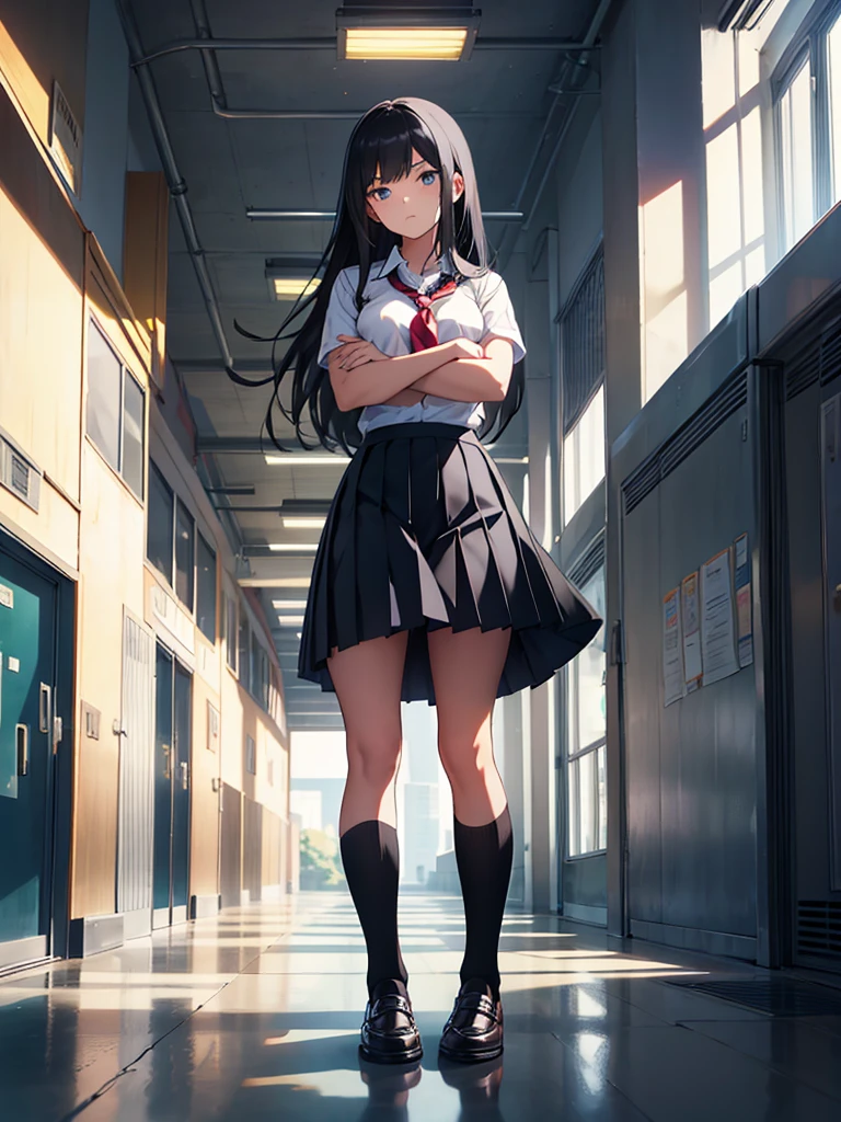 School,corridor,One beautiful girl,Stand with your arms crossed,Pleated skirt,Black socks,Long black hair,Dignified face