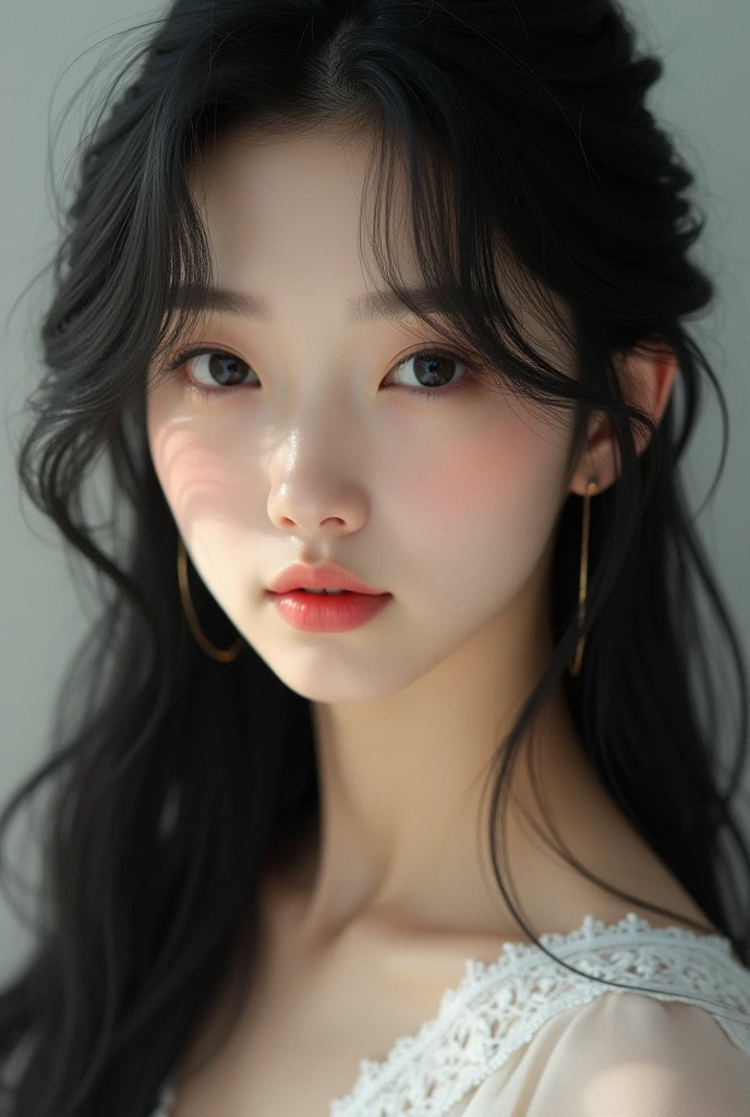 A Korean woman with black long hair with bangs, pretty, fare skin, black eyes.