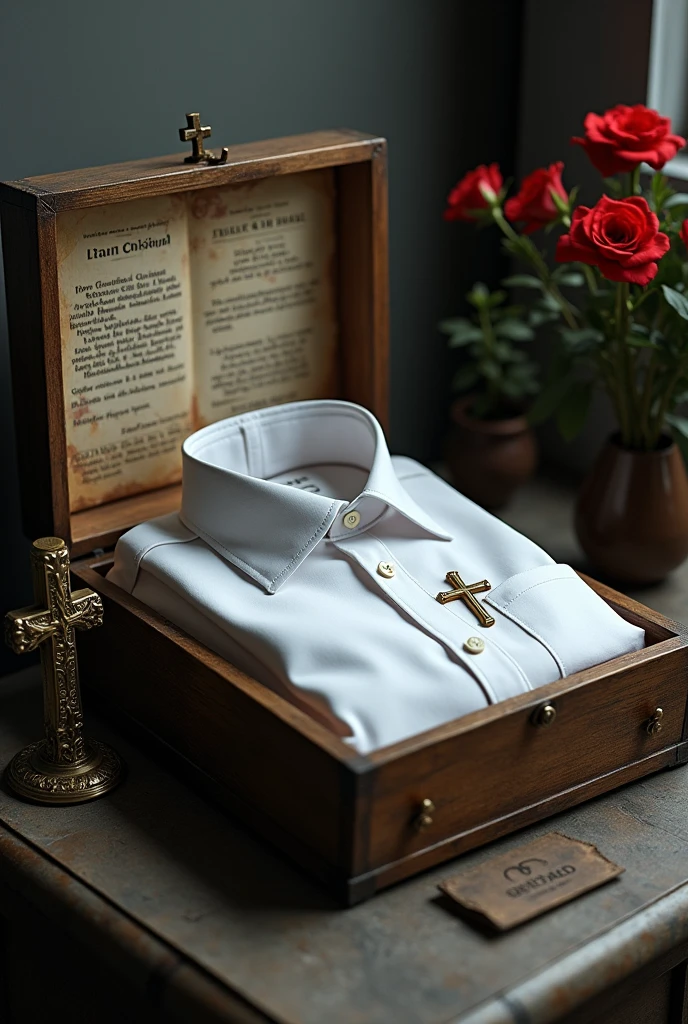 A white ashes, shirt in a box with different Christian tags and a Mabel flat piece having Bible verses and company Information 
