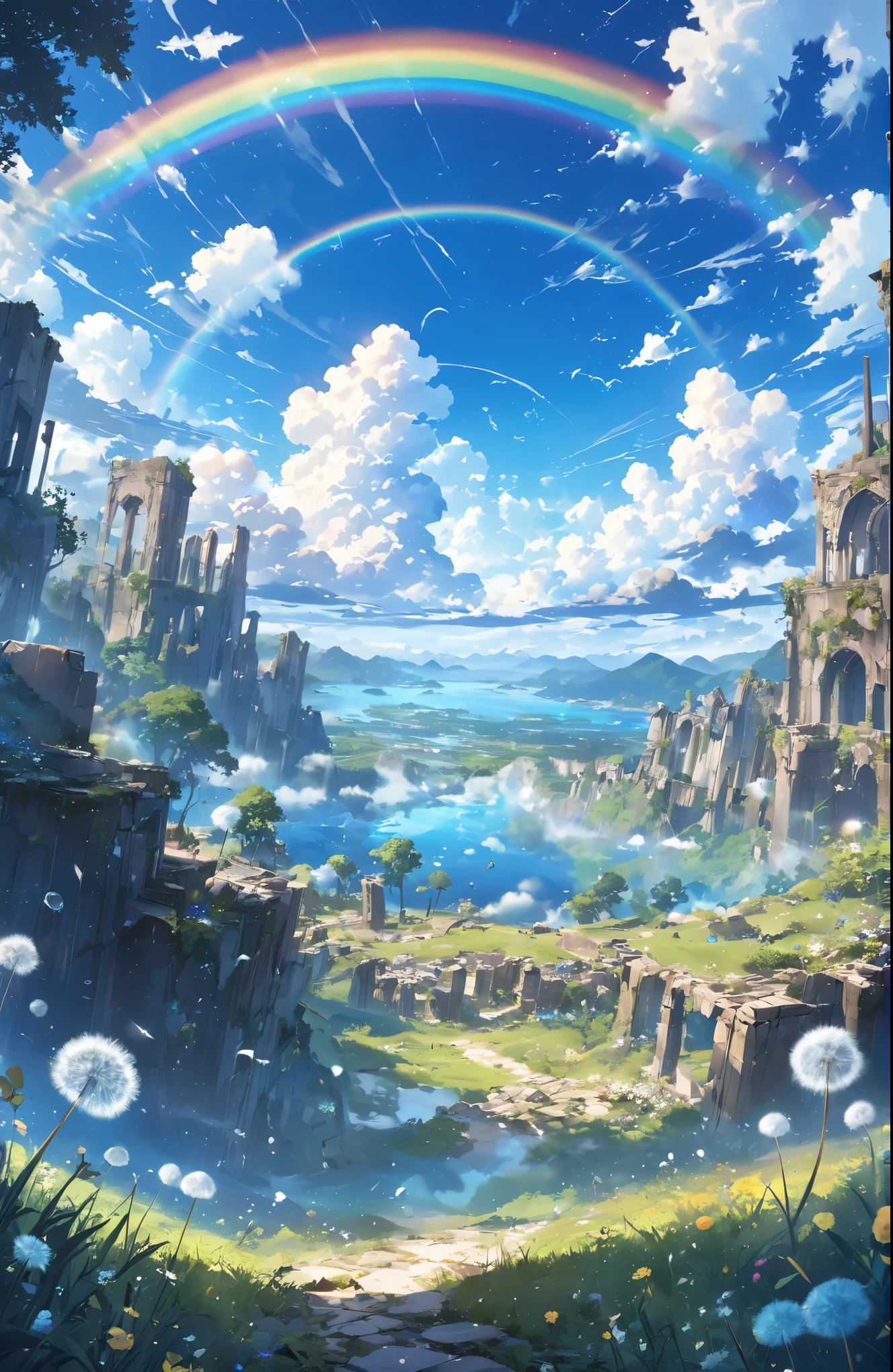 ((Amazingly absurd)),(masterpiece:1.2),超High resolution, Attention to detail, high quality, High resolution, 最high quality, 4K, 8k、very beautiful、landscape、landscape画、Endless blue sky、A rainbow appears、There is a group of ruins、Dandelion fluff flies up,rainbow、Big planet in the sky