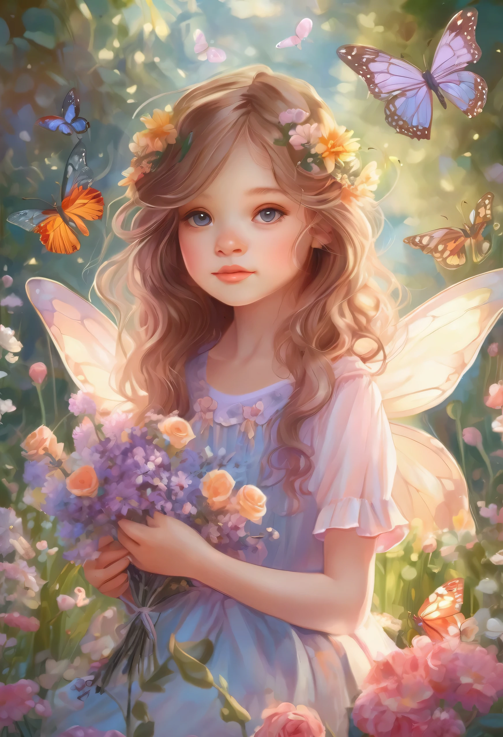 (a girl in a garden),illustrated,soft colors,beautiful detailed eyes,beautiful detailed lips,long hair,fairy wings,colorful flowers,butterflies,ethereal glow,medium dress,adorable expression,posing gracefully,bright sunlight,holding teddy bear,cute face.