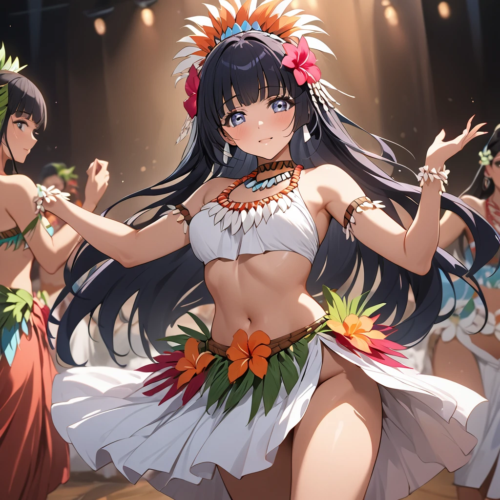((Highest quality)), ((masterpiece)), (detailed), （Perfect Face）、The woman is Reika Aoki with semi-long hair、The woman is wearing a Tahitian dance costume, has a Tahitian hairstyle, and is dancing the Tahitian dance.