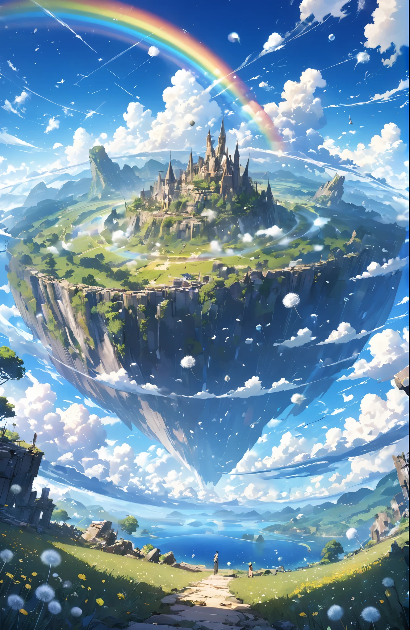 ((Amazingly absurd)),(masterpiece:1.2),超High resolution, Attention to detail, high quality, High resolution, 最high quality, 4K, 8k、very beautiful、landscape、landscape画、Endless blue sky、A rainbow appears、There is a group of ruins、Dandelion fluff flies up,rainbow、Big planet in the sky