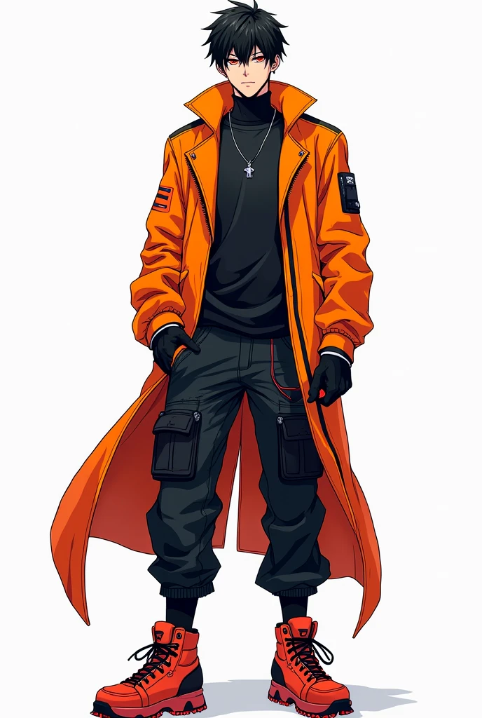 Cyberpunk anime illustration male full body in a dynamic lose, with neoen orange and black themed, with pure white background