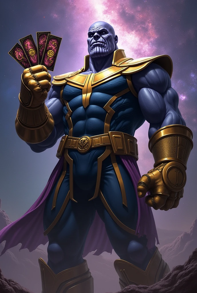 thanos with 4 cards in hand. The cards are 4 of clubs, 7 of cups, Ace of spades and 7 of diamonds