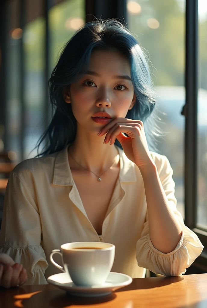 photo：Leegahyeon Korean woman sitting at the table in cafe，hand holding coffee window sunlight, blue hair, dynamic poses, Texture, pale skin, shiny skin, (Slim, small:1.2), [:(focus on face, Detailed face, Perfect eyes, looking at the audience:1.2):0.2], Realistic, film grain, best quality, masterpiece 