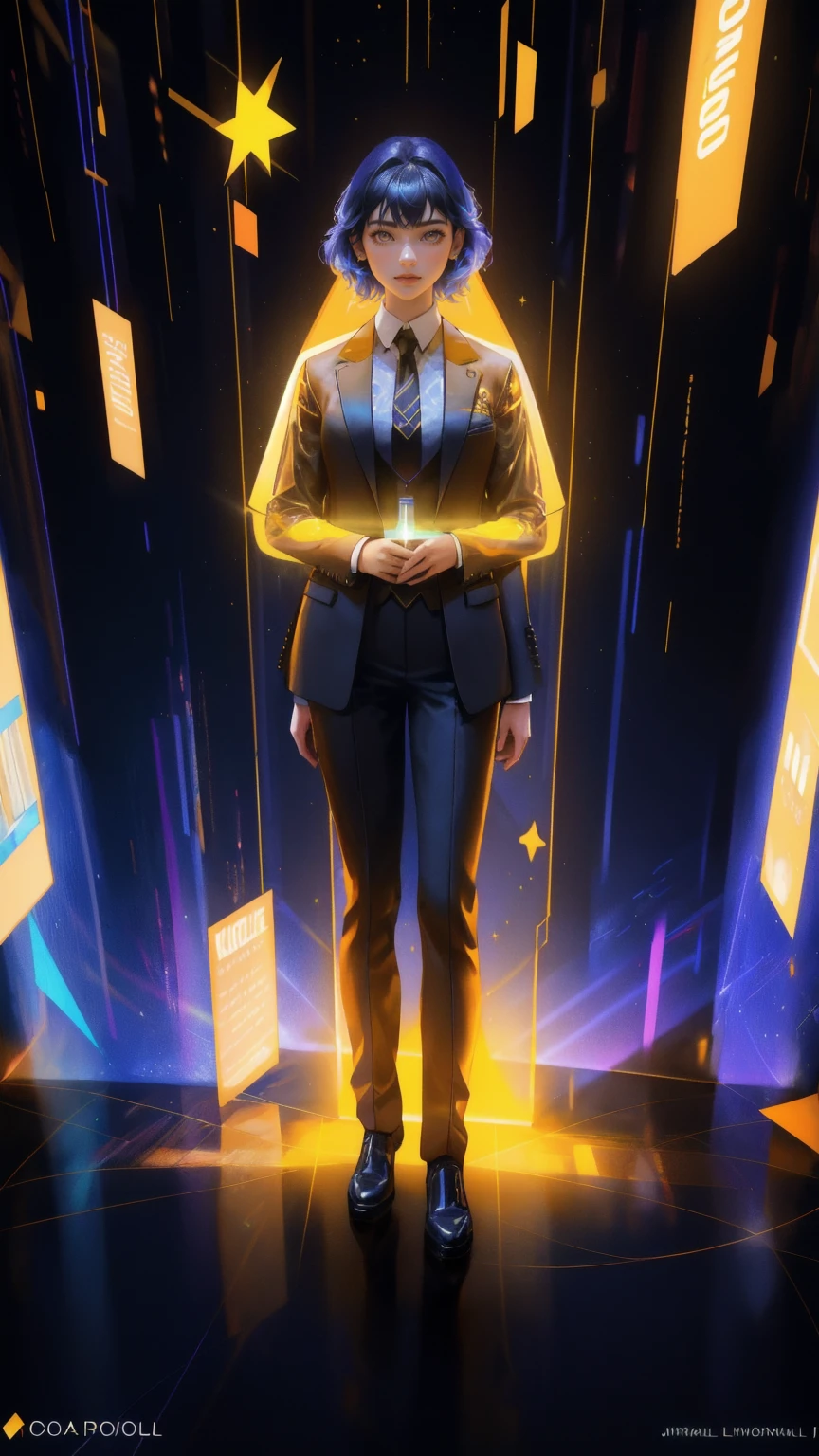 arafed image of a beautiful girl in a suit and tie standing in front of a crowd of people, movie promotional image, yellow backgroundsuit made of stars, millionaire technocrat, holographic suit, justin sun, corporate holograms, michael cheval (unreal engine, official artwork, data holograms, 2 0 2 0 s promotional art