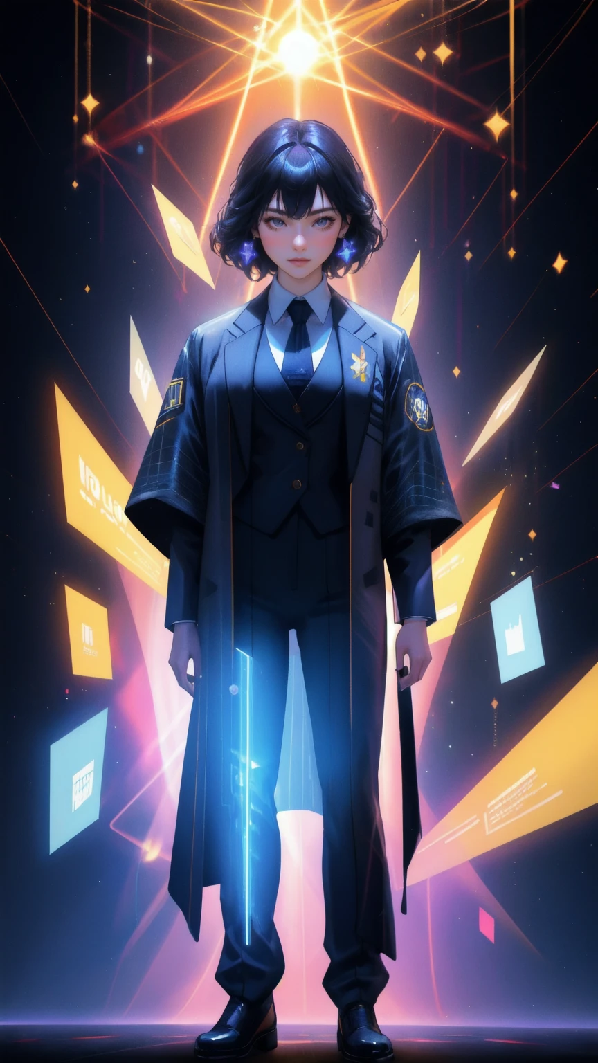 arafed image of a beautiful girl in a suit and tie standing in front of a crowd of people, movie promotional image, yellow backgroundsuit made of stars, millionaire technocrat, holographic suit, justin sun, corporate holograms, michael cheval (unreal engine, official artwork, data holograms, 2 0 2 0 s promotional art
