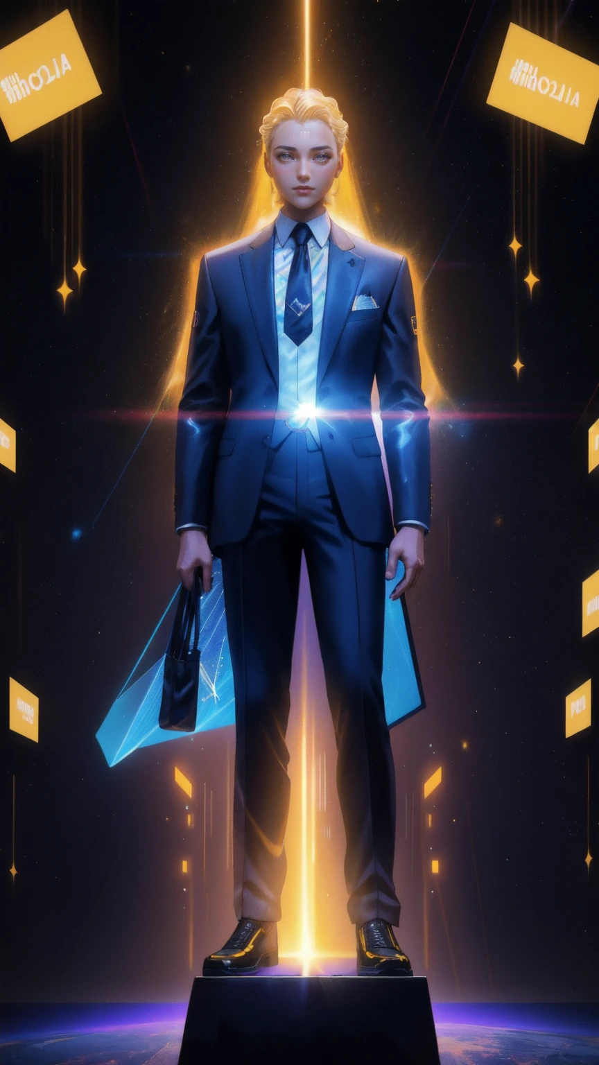 arafed image of a beautiful girl  in a suit and tie standing in front of a crowd of people, movie promotional image, yellow backgroundsuit made of stars, millionaire technocrat, holographic suit, justin sun, corporate holograms, michael cheval (unreal engine, official artwork, data holograms, 2 0 2 0 s promotional art