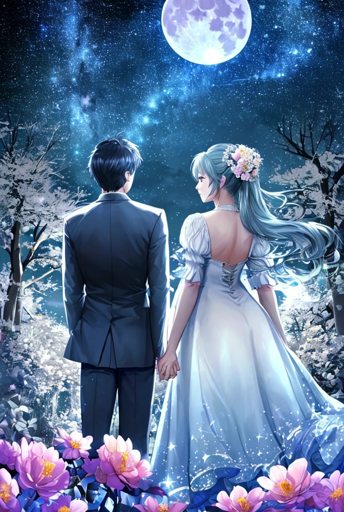 Back view、Ultra Wide Angle、Male and female couple、Starry Sky、full moon、flower、Highest quality,