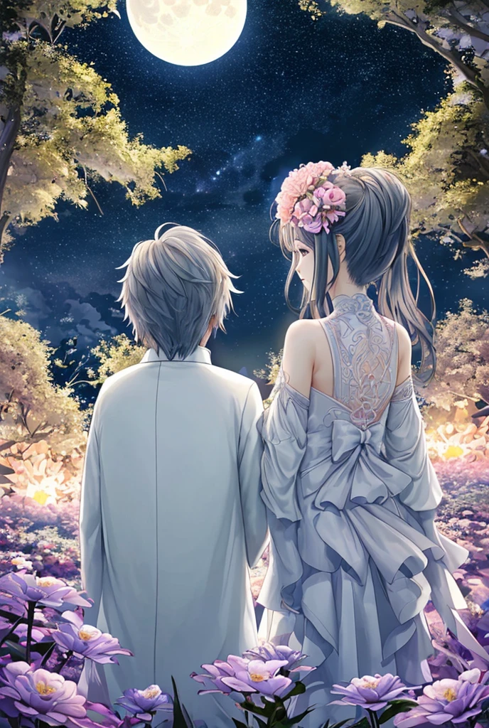 Back view、Ultra Wide Angle、Male and female couple、Starry Sky、full moon、flower、Highest quality,