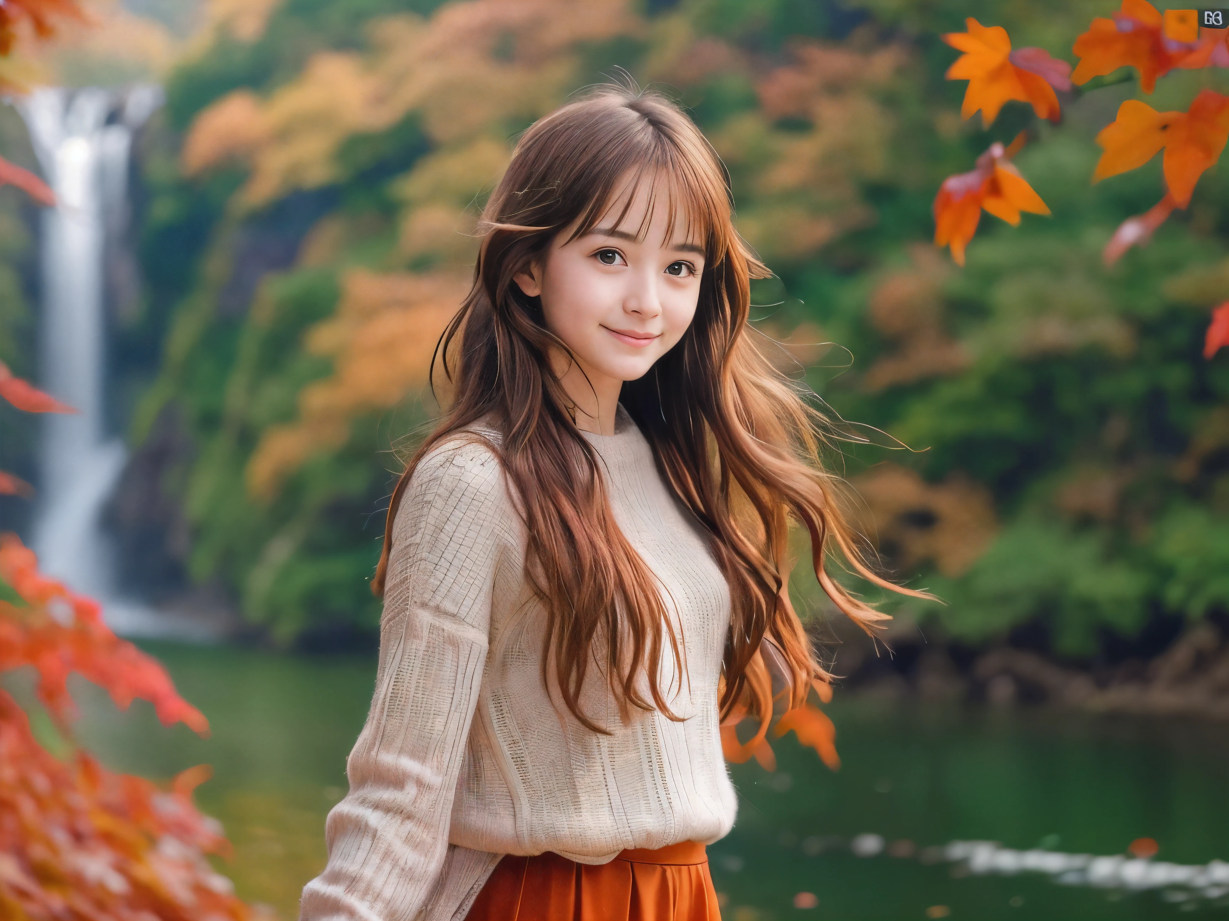 (Close up face shot of one slender small breasts red brown wavy long hair with dull bangs girl in a long sleeves shirt and sweater and skirt:1.5)、(One girl is dancing with happy smile on the dart road near the lake and big waterfall in Japan:1.5)、(Beautiful autumn red leaves landscpe:1.5)、(Natural light:1.5)、(8k ultra detailed master piece:1.5)、(perfect anatomy:1.5)、(Photorealistic stick:1.5)、(Raw photo:1.3)、(highest quality:1.5)、(High resolution:1.3)、(Delicate and beautiful perfect face:1.3)、(Delicate and beautiful eye air skin:1.3)、(Real Human Skin:1.3)、((thin legs))