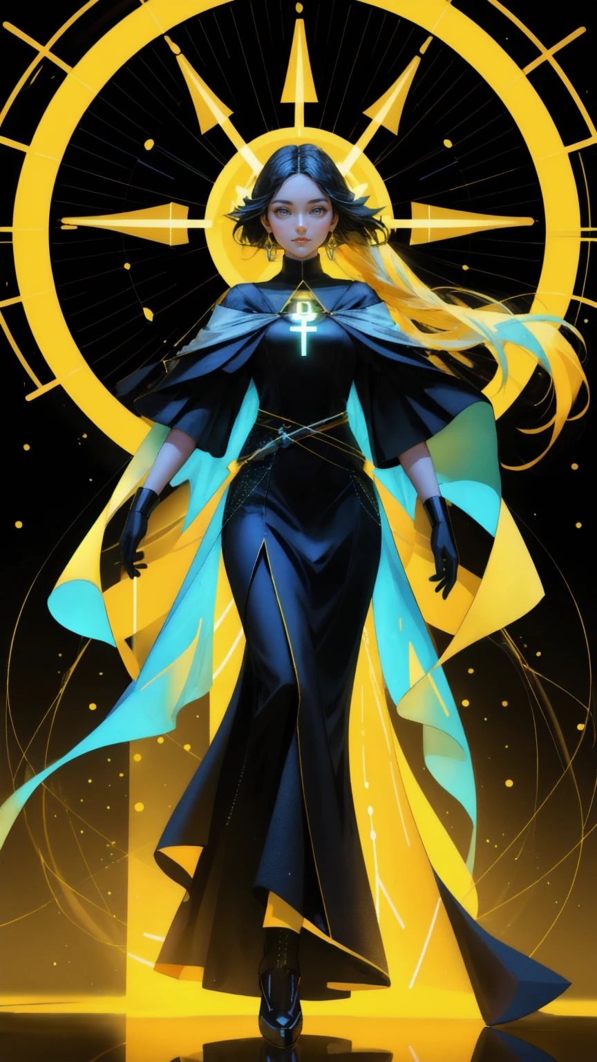 A powerful female figure in a sleek, modern gown, representing the "HODL Faith Healer," stands centered against a vivid yellow background. She holds a large glowing Bitcoin symbol in her hands, with streams of light flowing from it, illuminating her face and casting dynamic shadows. Around her, floating geometric shapes and crypto symbols are interwoven with digital circuitry patterns, creating an aura of mysticism and innovation. The yellow background pulsates with energy, emphasizing her role as a guiding force in the cryptocurrency space.
