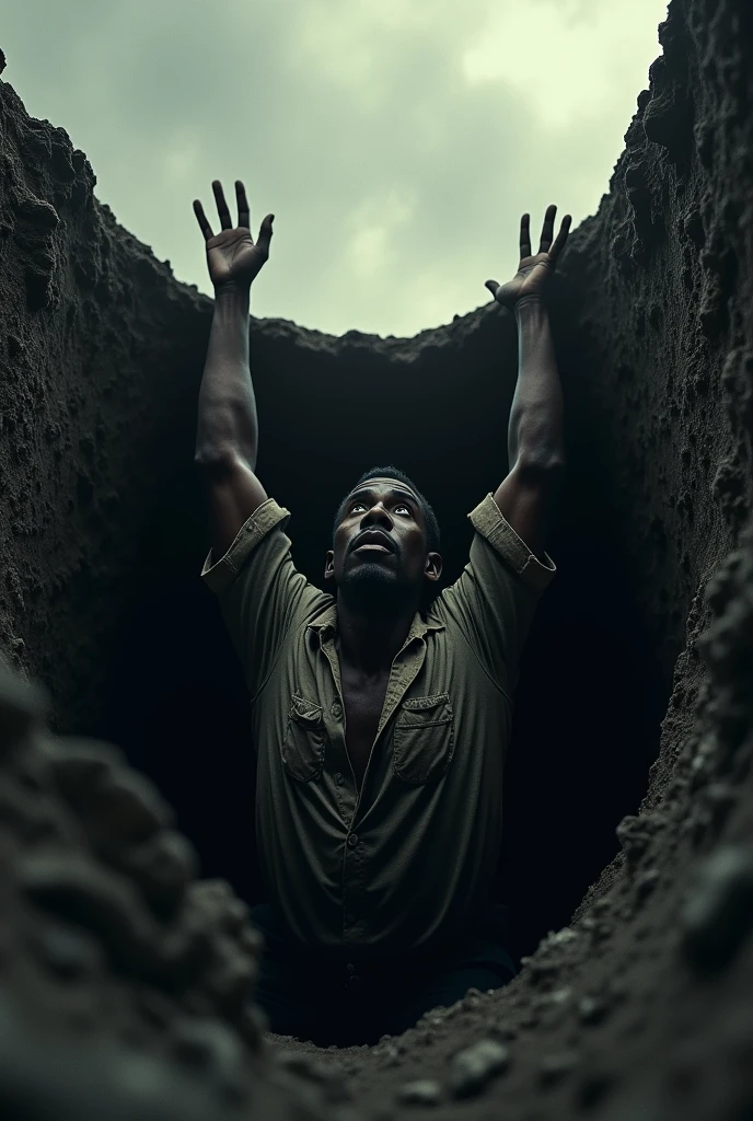 A black man who IS in a hole asking for help