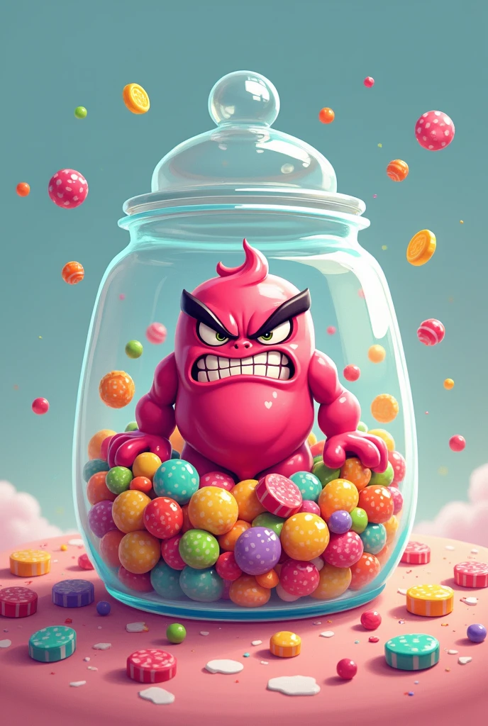 Make a handsome candy boss,The boss should not be a character,The boss is a candy,But he was stuffed inside a transparent candy jar,There are many colored candies filling the entire transparent candy jar.,He looked very angry,Need cute style