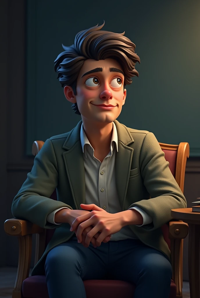 I want a picture of a cartoonish young man who is realistic and human, as if he has wisdom, looks like a professor sitting on a chair giving advice in a quiet, low-lit room, as if he is talking and looks like a real person