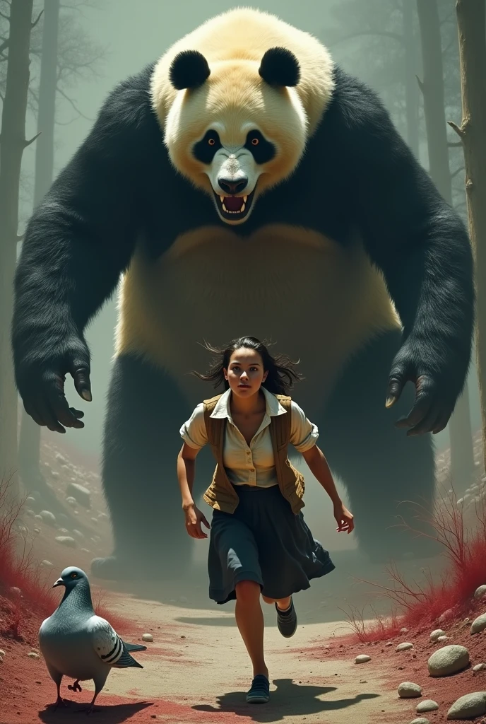 ((Highest quality)), ((masterpiece)), (horror movie posters:1.5), (short-sleeved shirt), (Bloody giant panda), グレーの女性のハトがオフホワイトで襟付きのshort-sleeved shirtに薄茶色のベストを着てひざ丈の黒いスカートに濃い緑の靴下と黒の靴を履いている, Female pigeon vs giant panda, A female pigeon sprints away from a giant panda, Muscular grey female pigeon、Photorealistic images,