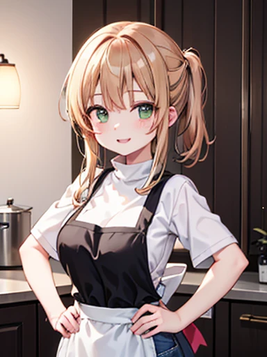 Woman portrait ,20 years,Upper Body,jeans、黄色色のapron、シロ色shirt、Tshirt、sweater Clothes,Shanghai Street,Cinema Lighting,Green Eyes、smile、blush、Beautifully styled hair、straight、apron、Hands on hips、いapron、Brown crab,Large Breasts