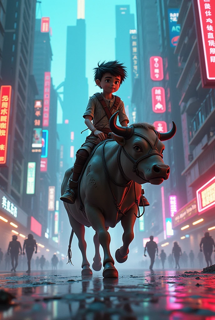 Cyberpunk style animation of a boy riding a cow
