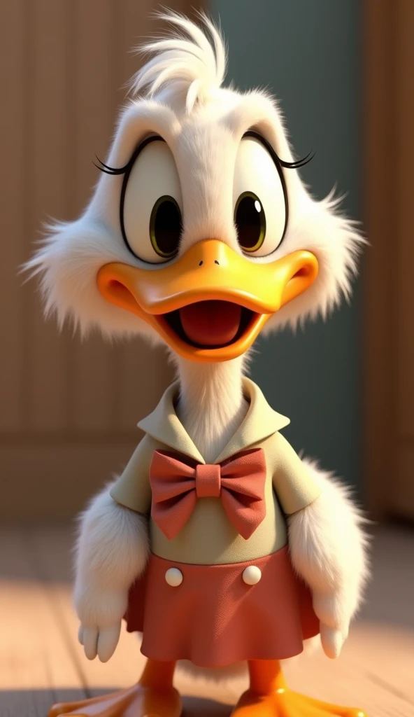 Perfect centering, Looking at the camera, a close up 2/3 of a cartoon duck wearing a shirt with bowtie and a skirt, full body, happy, 3 d animation demo reel, 3d animation, 3 d animation, 3 d animated movie, 3d animated, 3 d animated, tv commercial, clay animation, cgi animation, cute! c4d, cute 3 d render, pixar 3 d animation style, 4 k, 3 d cartoon
