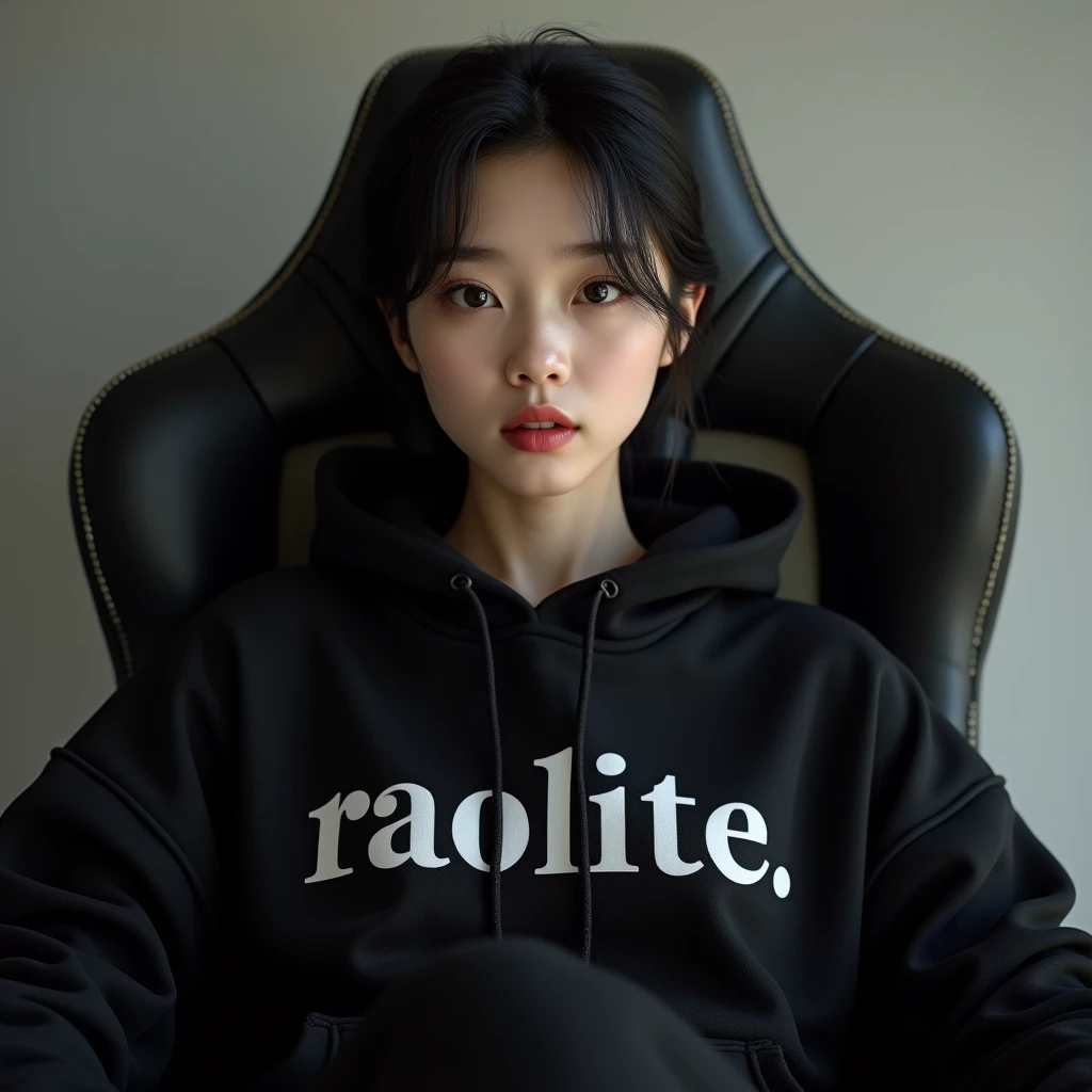 A beautiful Korean woman sitting on a gaming chair wearing a black polite hoodie , with name on hoodie " raaaaaaaaaaaaaaaaa "