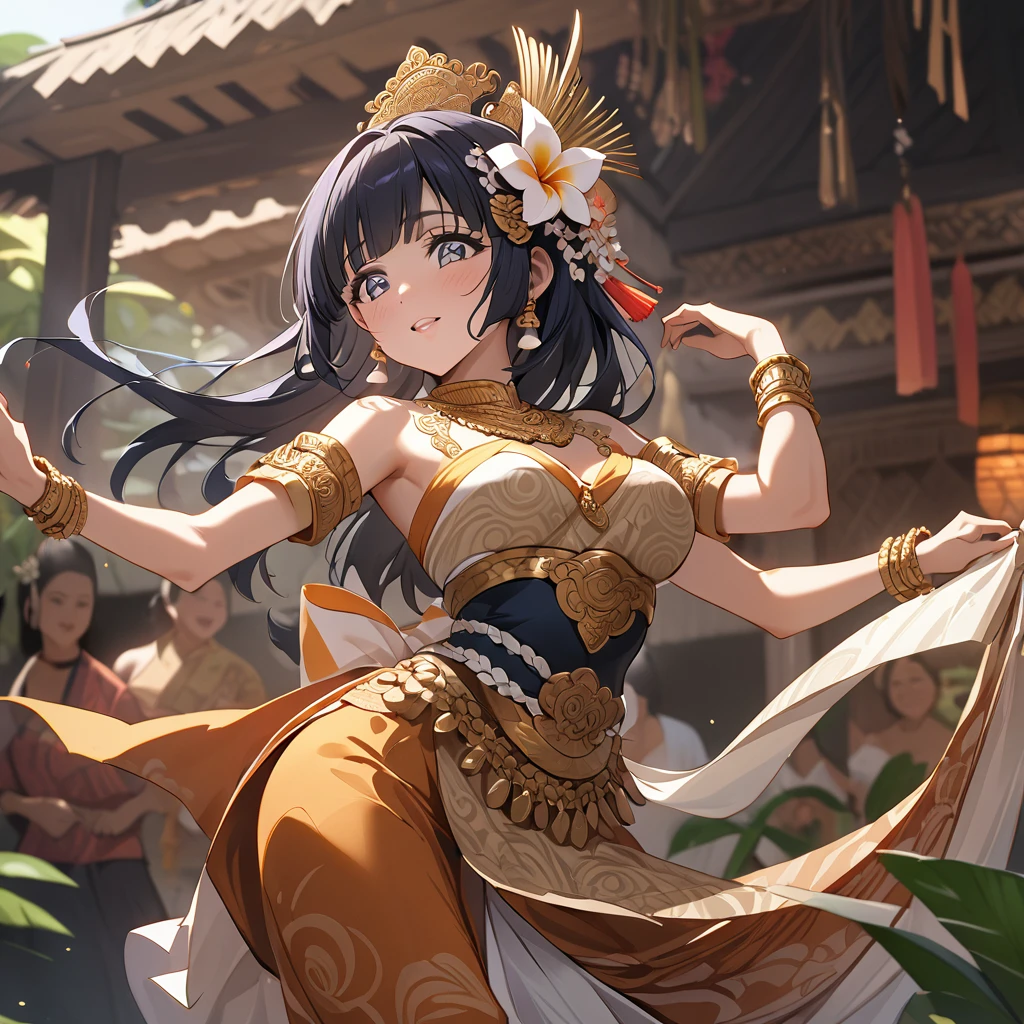((Highest quality)), ((masterpiece)), (detailed), (Perfect Face)、The woman is Reika Aoki with semi-long hair、A woman is dancing a Balinese dance in a Balinese costume in Bali, Indonesia