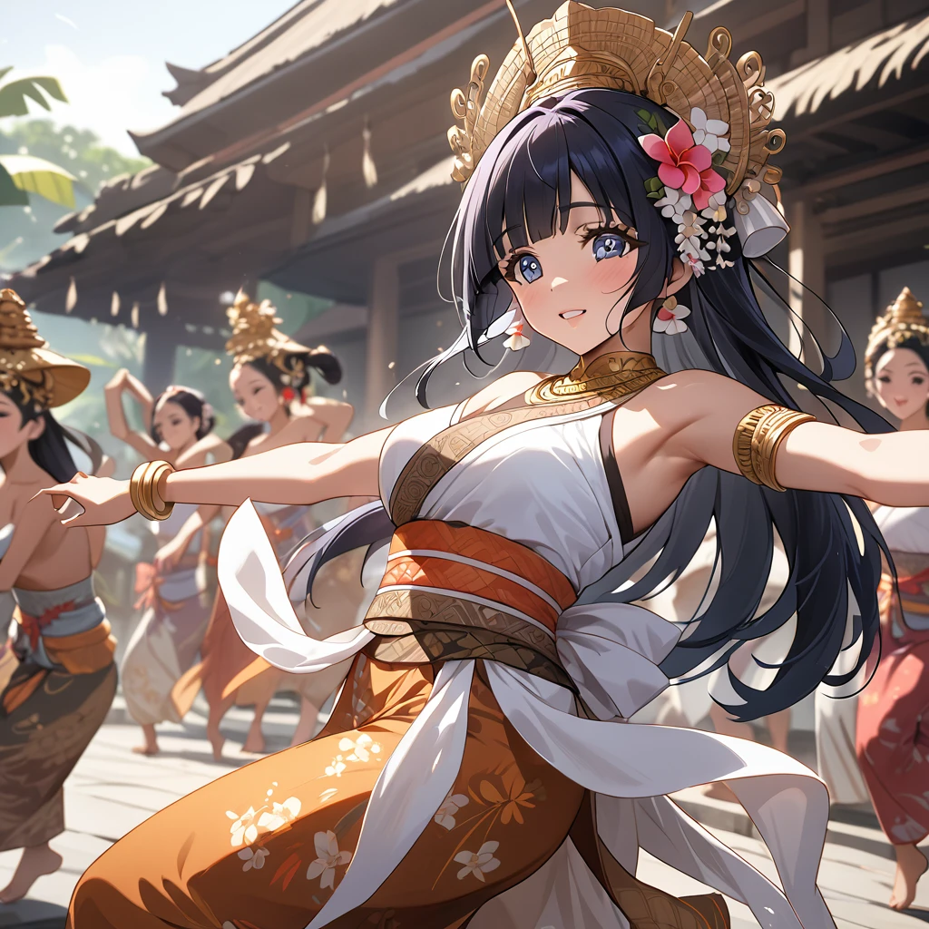 ((Highest quality)), ((masterpiece)), (detailed), (Perfect Face)、The woman is Reika Aoki with semi-long hair、A woman is dancing a Balinese dance in a Balinese costume in Bali, Indonesia