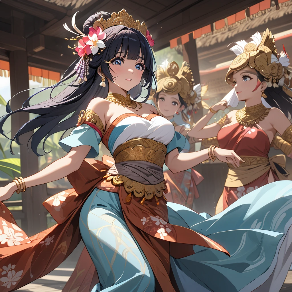 ((Highest quality)), ((masterpiece)), (detailed), (Perfect Face)、The woman is Reika Aoki with semi-long hair、A woman is dancing a Balinese dance in a Balinese costume in Bali, Indonesia