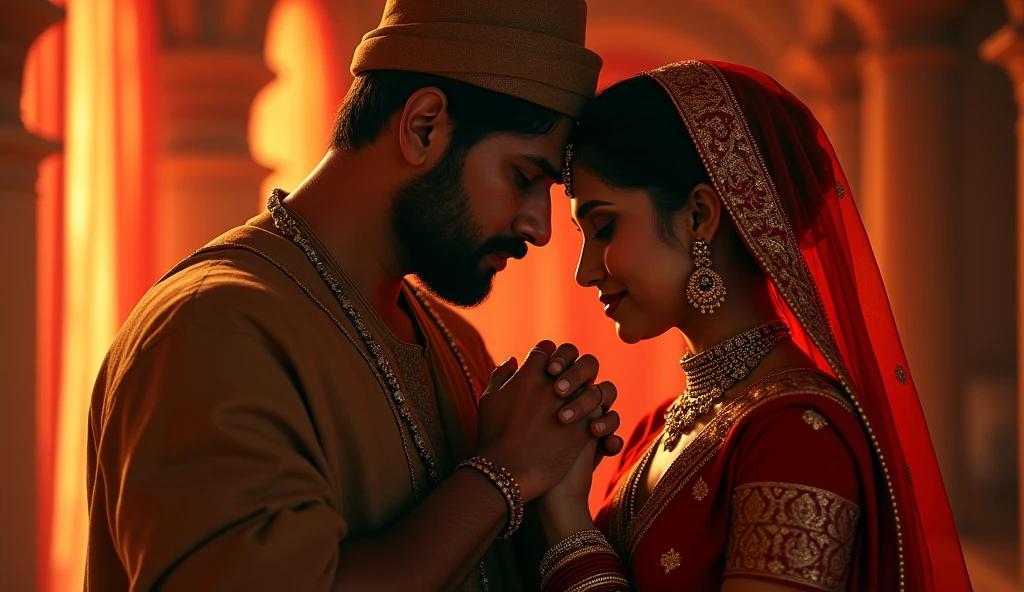 a beautiful hindu woman set on bed in a red sari,ornate jewelry,intricate patterns,dopata on head,smilling,in arms of a masculine muslim man have a belt in has hands wearing white salwar hairy chest brown haton head,looking in aggration,in wedding room,orange lightning,detailed portrait,photorealistic,cinematic lighting,vibrant colors,chiaroscuro,dramatic composition,highly detailed,award winning photo,8k,masterpiece