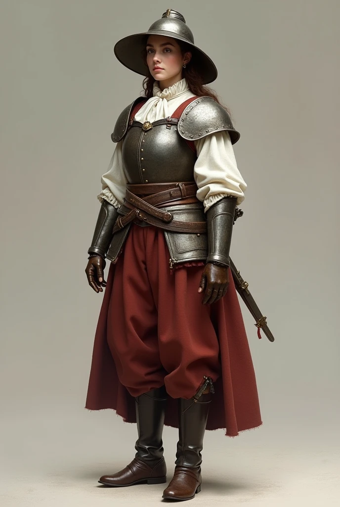 A 1.5 meters tall girl in her 20s wearing: wide knee-lenght breeches, a wide arms doublet above a chemise, a white jabot cravat, wedge leather boots, a morion helmet and a brigantine