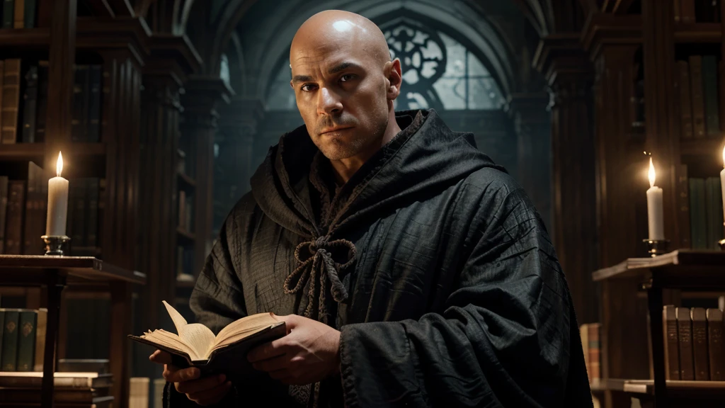 A formidable dark fantasy wizard with a lean, defined build and deep, olive-toned skin. His face is sharp and angular, with high cheekbones and a strong, prominent jawline. His piercing blue eyes, set under thick, arched eyebrows, exude both wisdom and intensity. He has a straight nose and full lips that are often set in a serious expression. He is bald. He wears an elaborate robe adorned with intricate silver runes and dark, flowing shadows, standing in a mystical, ancient library surrounded by arcane artifacts and swirling dark energy.