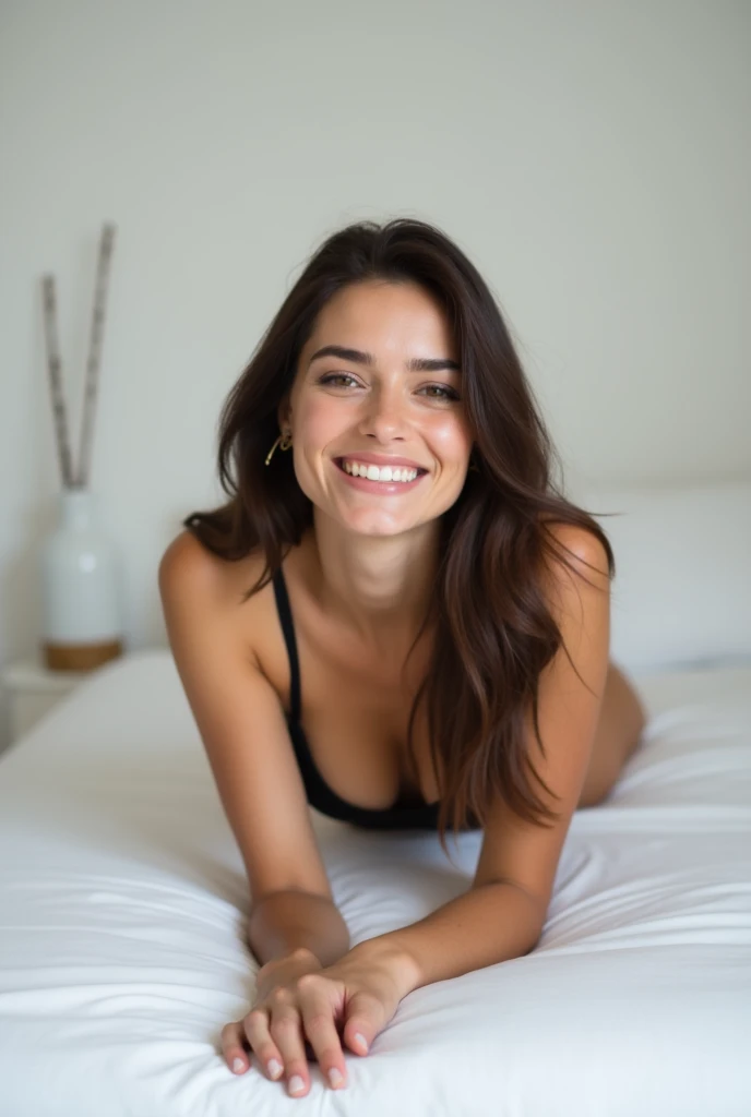 brunette, smile, physique: smallest belly ever, flat chest, skinny face, white wall, no decoration, no bra, black thong, lying on stomach on bed, looking smiling at camera
