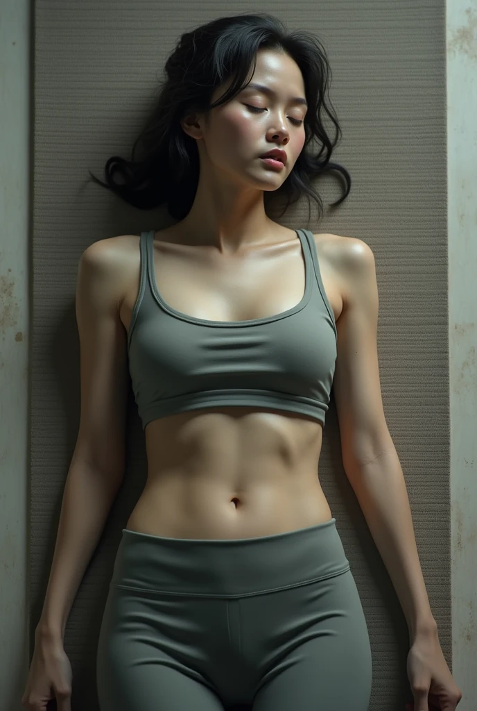 Chinese, young woman, yoga clothes, belly button, realistic, dead, on yoga mat, eyes closed 