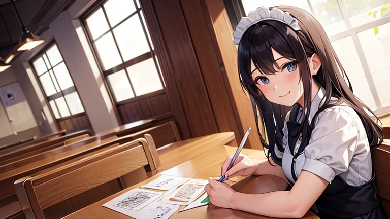 At the table in the maid cafe、Please draw an illustration of a smiling woman in a maid's uniform serving cake and tea.。Women want customers to have fun、We provide services with all our heart.。In the background、The antique-style interior and other guests enjoying themselves are depicted.。