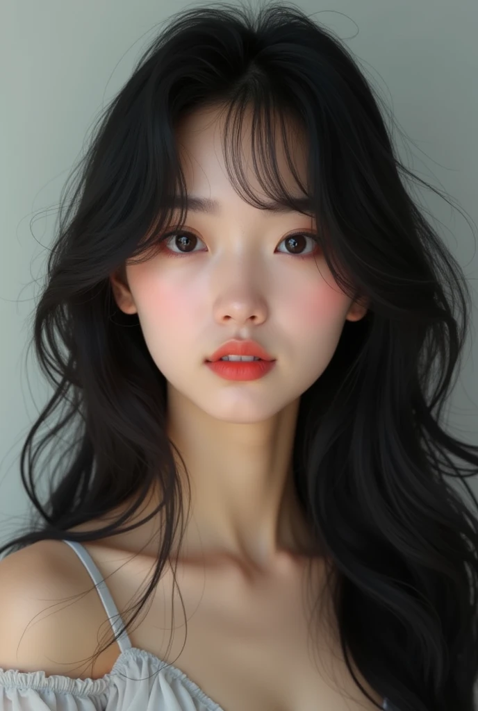 Realistic, A Korean woman with black long hair with bangs, pretty, fare skin, black eyes.