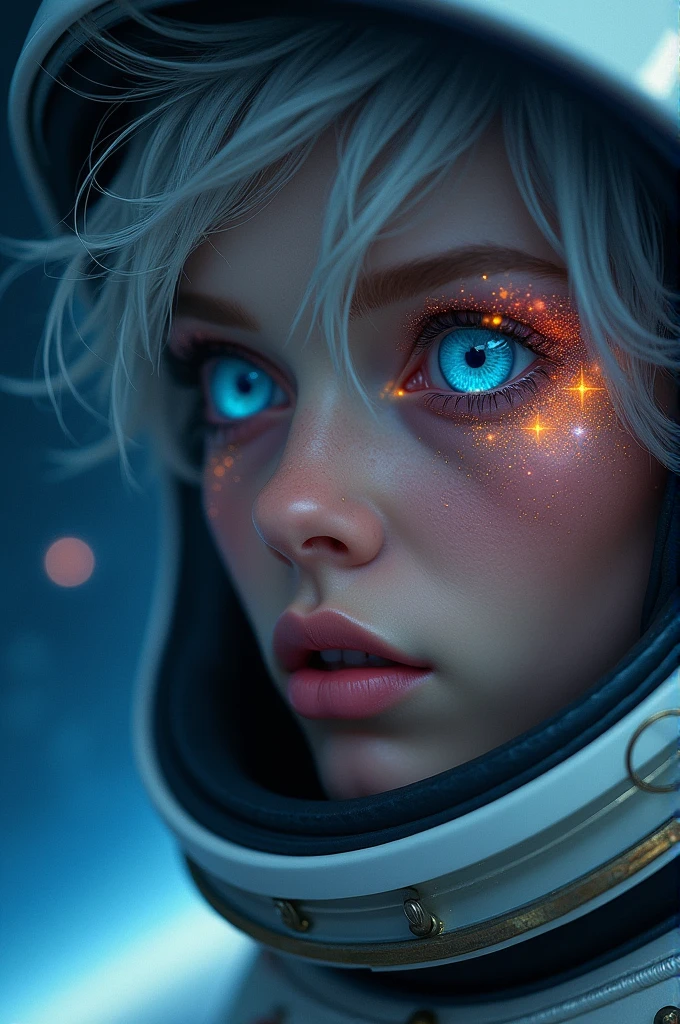 (Close-up of a better masterpiece:1.5)0.9], (Space and astronauts:1.2) (Messy silver hair:1.1) (Heterochromia xanthochromia and blue eyes:1.2) (Space Helmet:1.0) (Colored stars in the eyes:1.0) (A radiant glow:1.1) (thick lips:0.9)