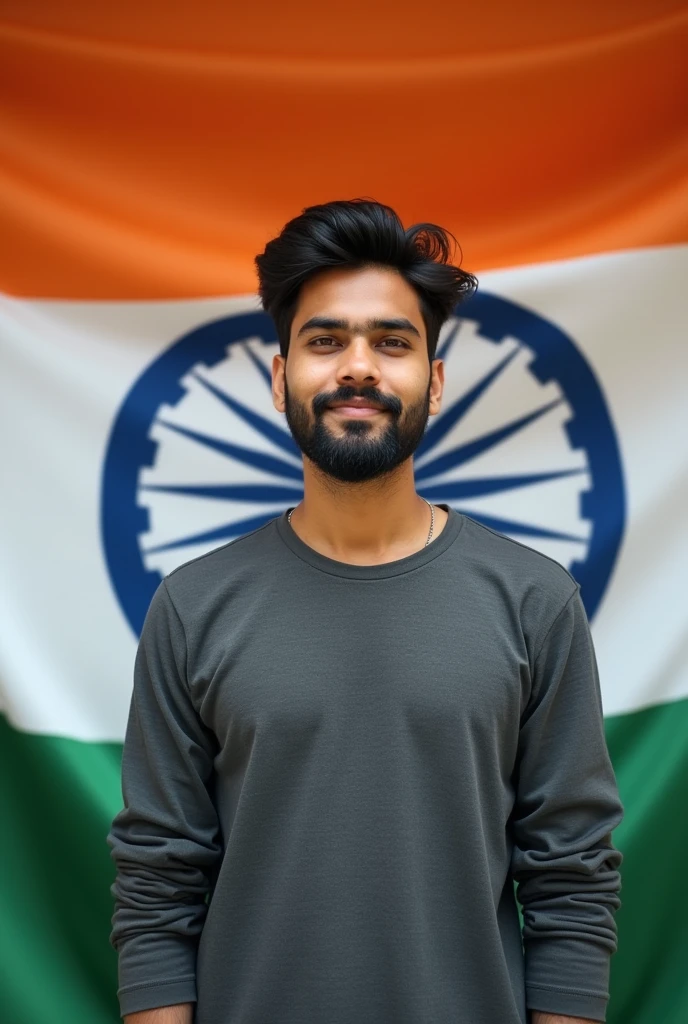 Indian 21 year young boy Beard. normal haircut And eye to eye.  stand position indian flag background 