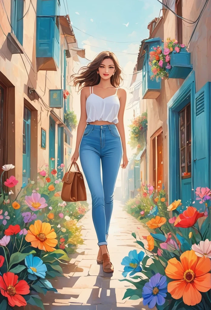 Watase Seizo style, Low Angle, whole body, Country woman，Simple line initials，Abstract art，Urban Background, (((The most beautiful woman))), Lips in Love, walk, Colorful flowers, colorful, Monsters surrounding women, kind