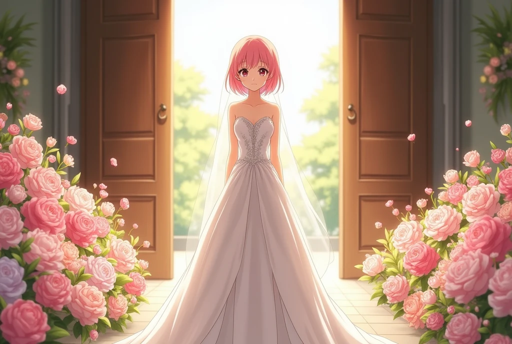 Sakura haruno, ((solo)), alone, bride, wearing a white wedding dress, queen, happy, ((forehead to show)), standing, entering the church, pink hair, short hair, delicate, young, short hair, detailed face, high definition, ((full body)), (flowers around her), full body, she is a beautiful woman getting married, face with high quality, beautiful, radiant