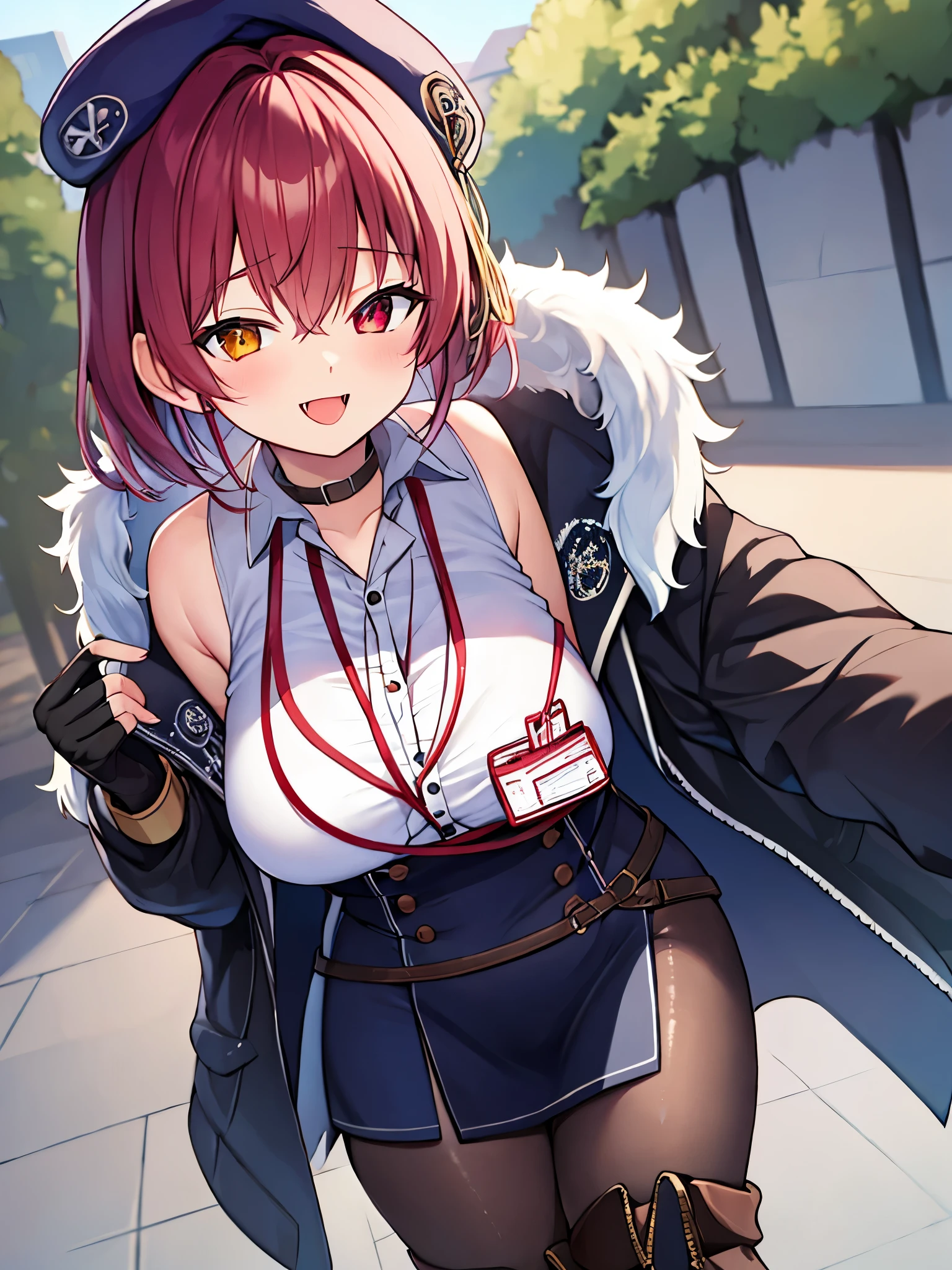 ((Masterpiece)), (Best Quality), marine_beret, Collared_White_Shirt, Sleeveless, High-waisted Skirt, Pantyhose, Blue Jacket, Fur Embellishment, Fingerless Gloves, ID Card, Solo,marine_officer,, black pantyhose, black gloves, thigh boots, beret,houshou_marine,heterochromia, red eyes, orange eyes,open_mouth,big_smile,evil_smile,fang,large_breasts,,office_landscape,red_short_hair,(plump:0.7),open_mouth,tongue, slouch,pov