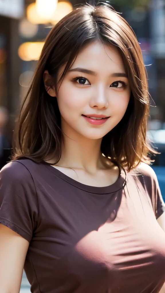 8k,Highest quality,(masterpiece:1.2),(Realistic),(Realistic:1.37),Ultra-high resolution,One 1 woman,smile,Beautiful Eyes,In town,(((T-shirt and jeans))),Big Breasts,Perfect body,Perfect Fingers,Professional Lighting,gravure,Detailed face and skin texture,fine grain,RAW Photos