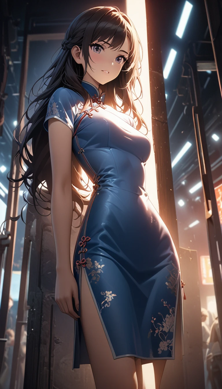 Cheongsam Girl，Long Hair，Pure white background，Depth of written boundary，Low angle view，Calf Level View，Overclocked Renderer，Cinema Lighting，Ultra-fine，Very detailed，complicated，Cinematic Perspective，CG Art，Side zipper