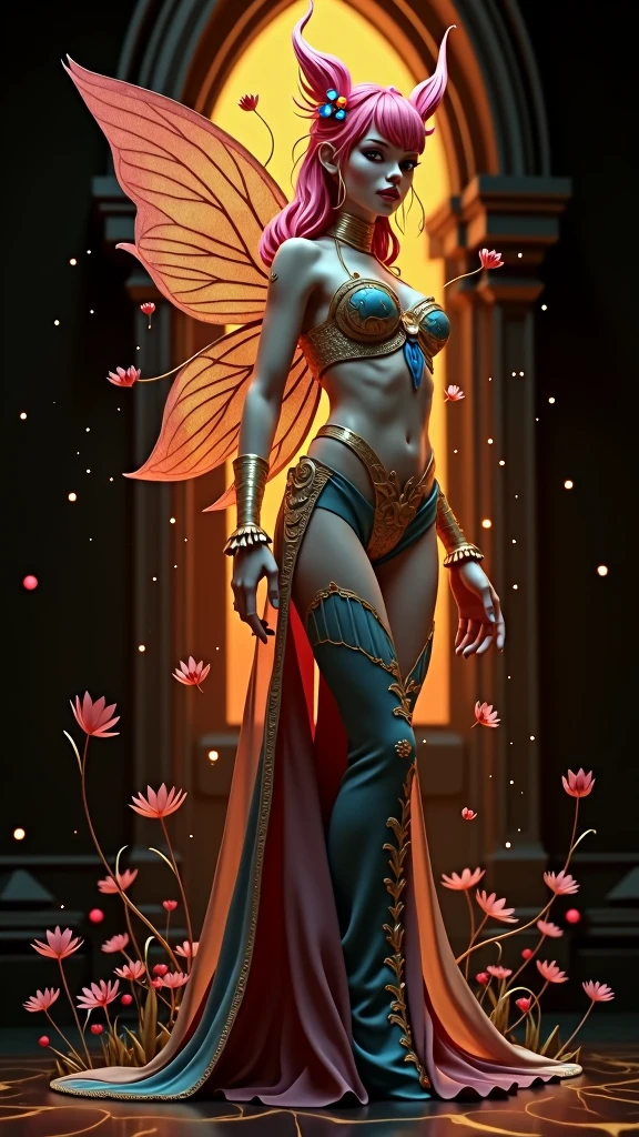 A 24K 3D HD hyper-realistic image of a Latin sexy fairy with neon pink hair adorned with petals and glistening pollen. She is wearing an elegant turquoise and gold outfit with intricate details. The fairy has mesmerizing eyes that sparkle like morning dew. She is standing in a dark fantasy setting with rich colors and textures. The image has a cinematic vibe with vibrant colors and intricate details.