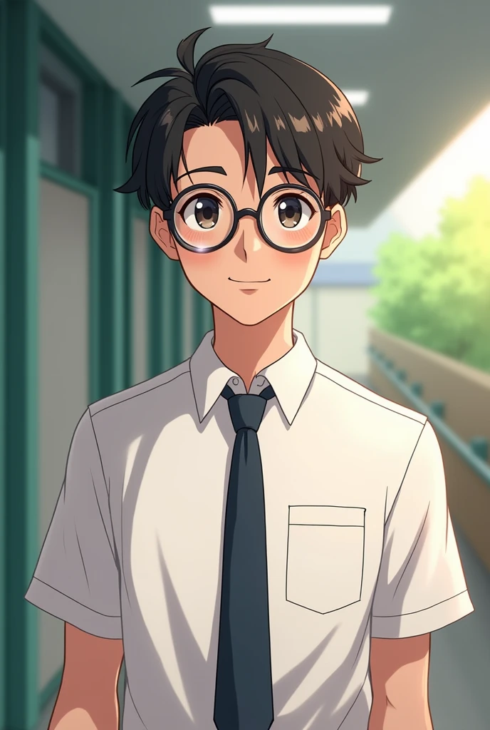 A r old  named Jp sanchez with glasses and polite and good looking
 Normal anime
Student white uniform
No ties
Handsome