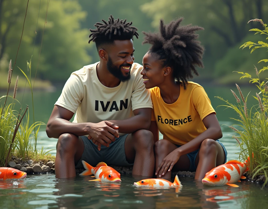 Un homme noir et son amoureux noir souriant entrain de travailler au bord d’un étang de poisson avec des gros poisson à la main 
Nous pouvons voir le mot Ivan sur le t-shirt de l’homme et Florence sur le t-shirt de la femme  